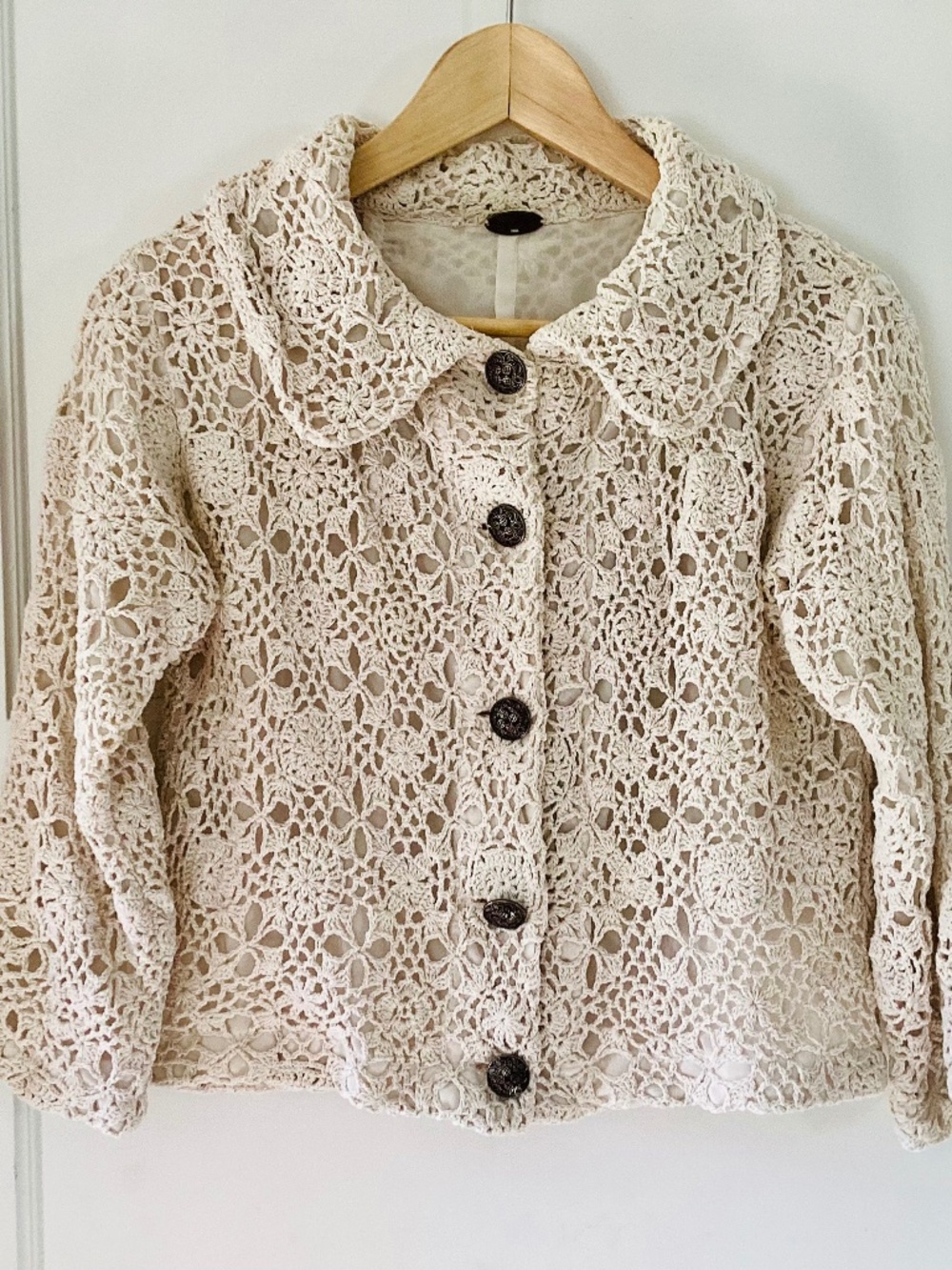 One Girl Who Jacket Ivory Cream Linen Cotton Crochet Silk Lined Jacket Women’s S